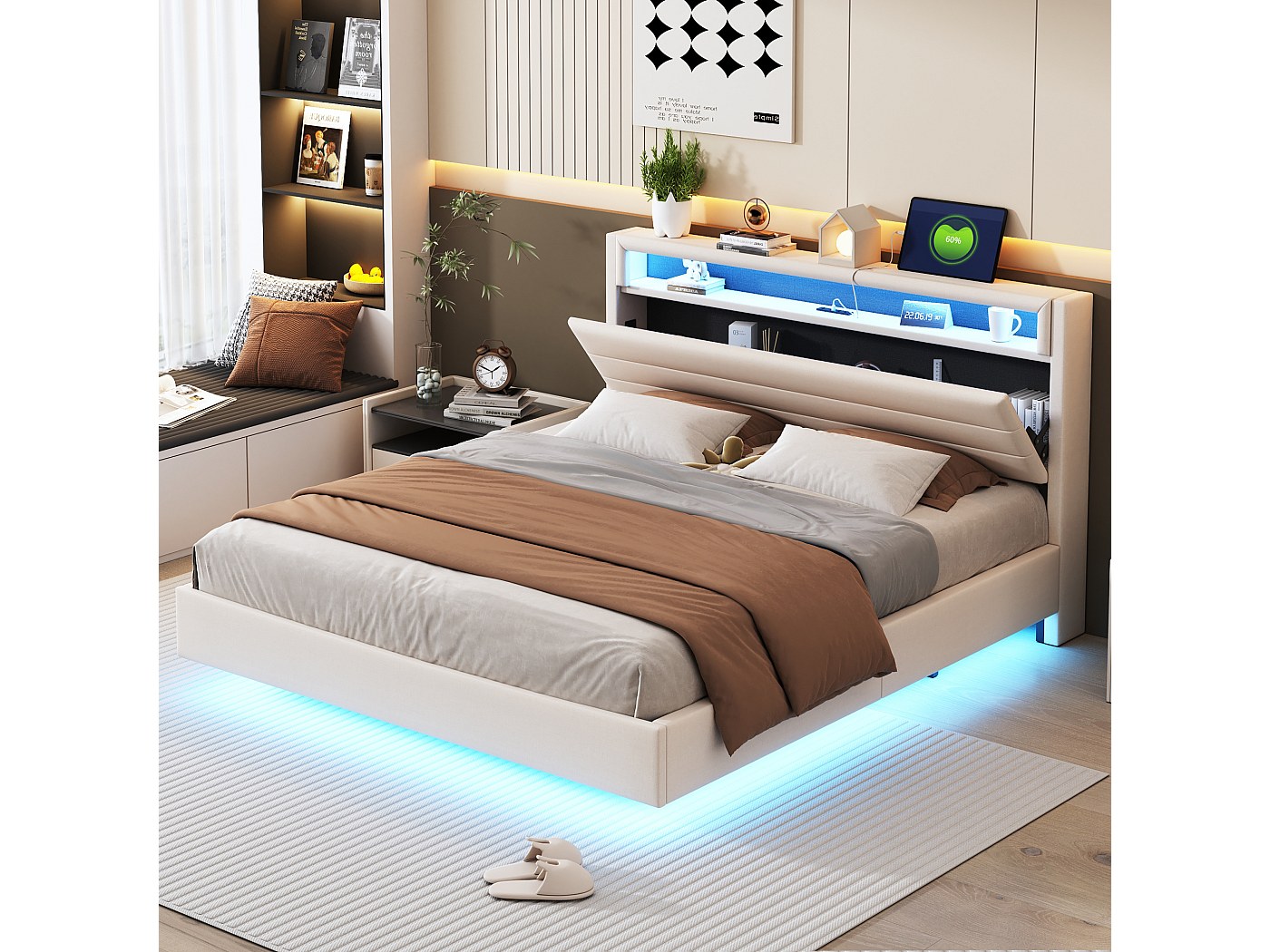 Letto contenitore imbottito - 160 x 200 cm - testiera con LED e ripiani - con porte USB + tasche