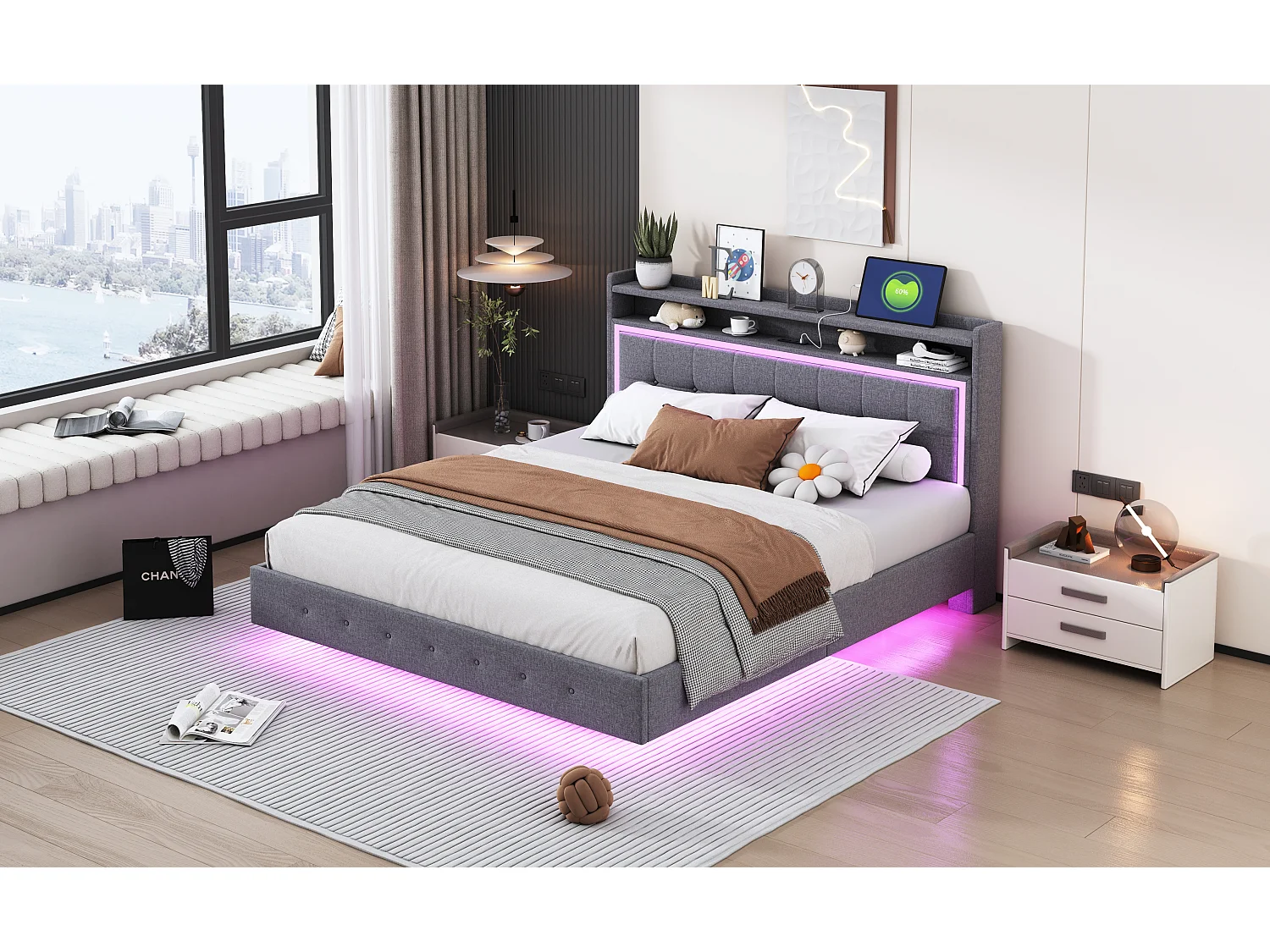 Łóżko tapicerowane 160 x 200 cm ze schowkiem na pościel, portem USB i oświetleniem LED - tkanina lniana - kolor szary (bez materaca)