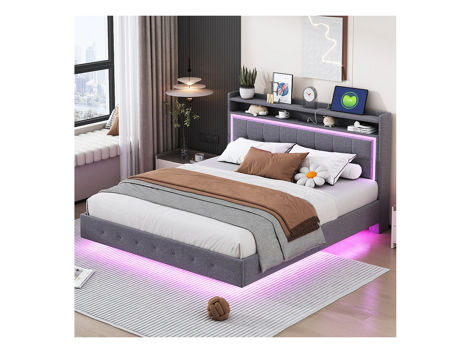 Lit capitonné 160 x 200 cm avec tête de lit rangement, prise USB et éclairage LED - tissu en lin - gris (sans matelas)