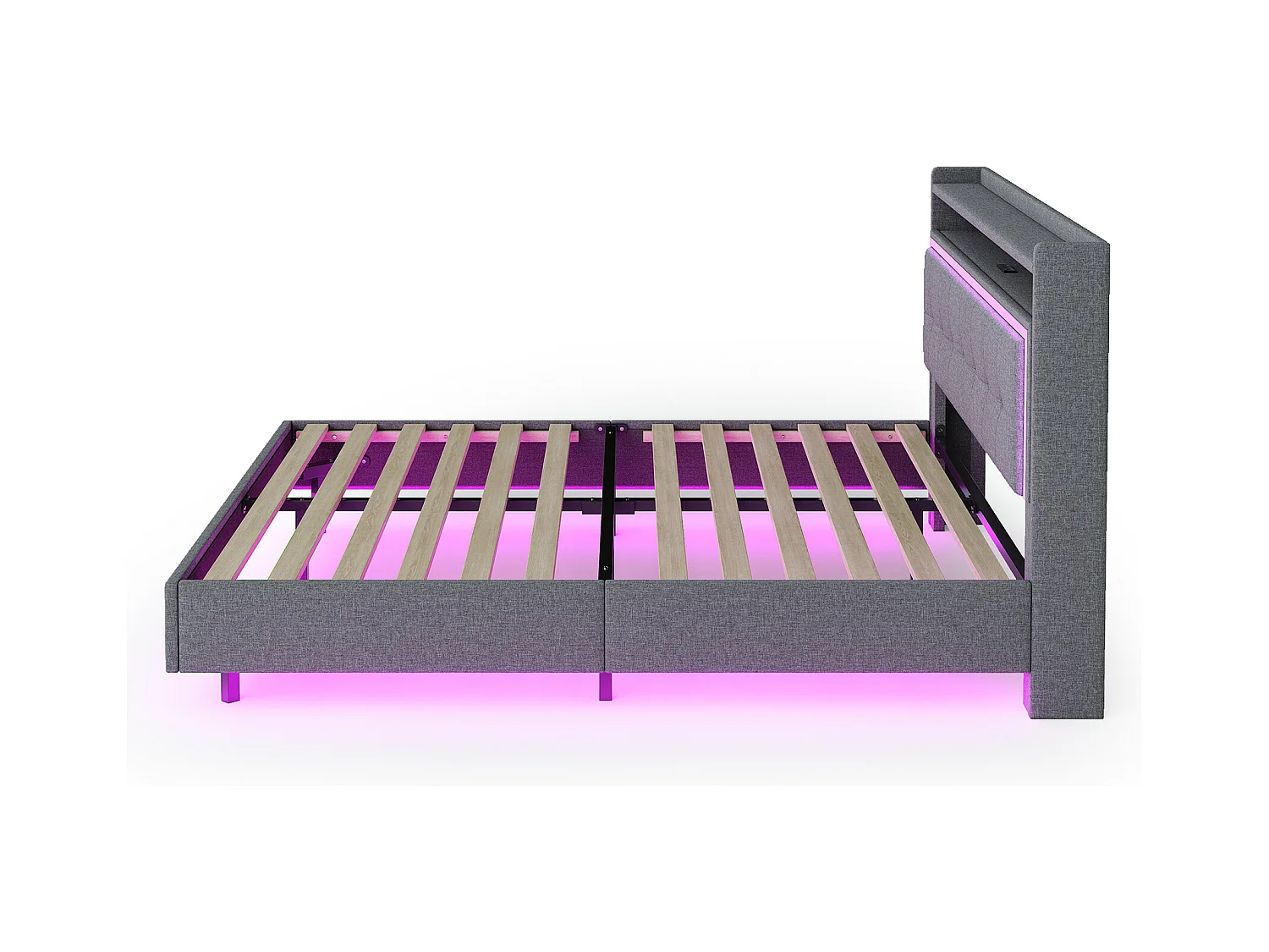 Lit capitonné 160 x 200 cm avec tête de lit rangement, prise USB et éclairage LED - tissu en lin - gris (sans matelas)