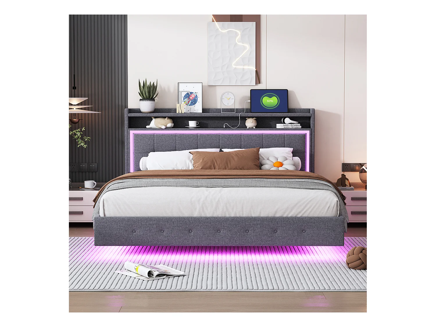 Lit capitonné 160 x 200 cm avec tête de lit rangement, prise USB et éclairage LED - tissu en lin - gris (sans matelas)