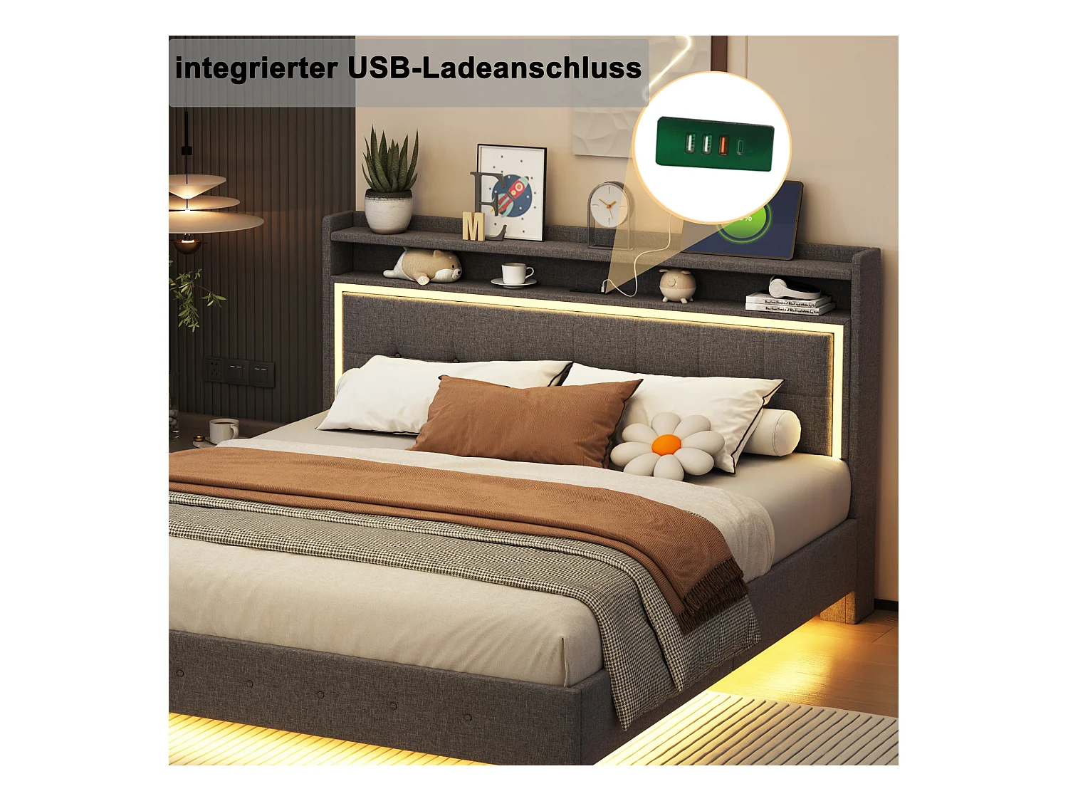 Lit capitonné 160 x 200 cm avec tête de lit rangement, prise USB et éclairage LED - tissu en lin - gris (sans matelas)