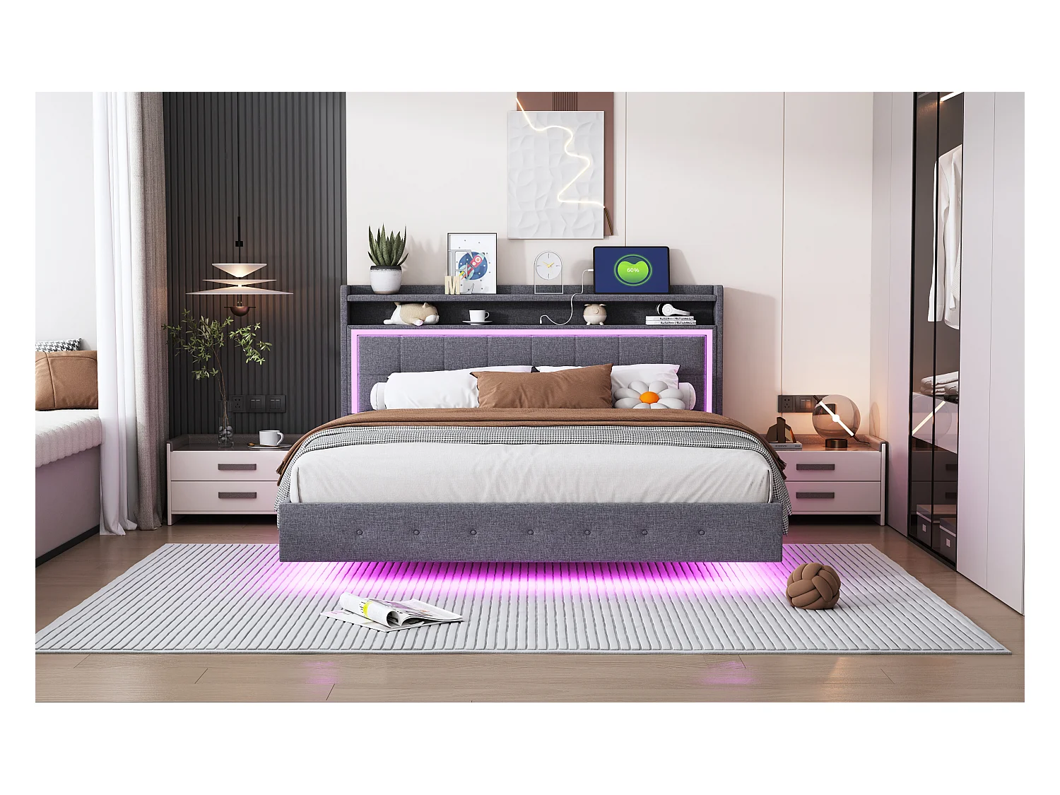 Lit capitonné 160 x 200 cm avec tête de lit rangement, prise USB et éclairage LED - tissu en lin - gris (sans matelas)