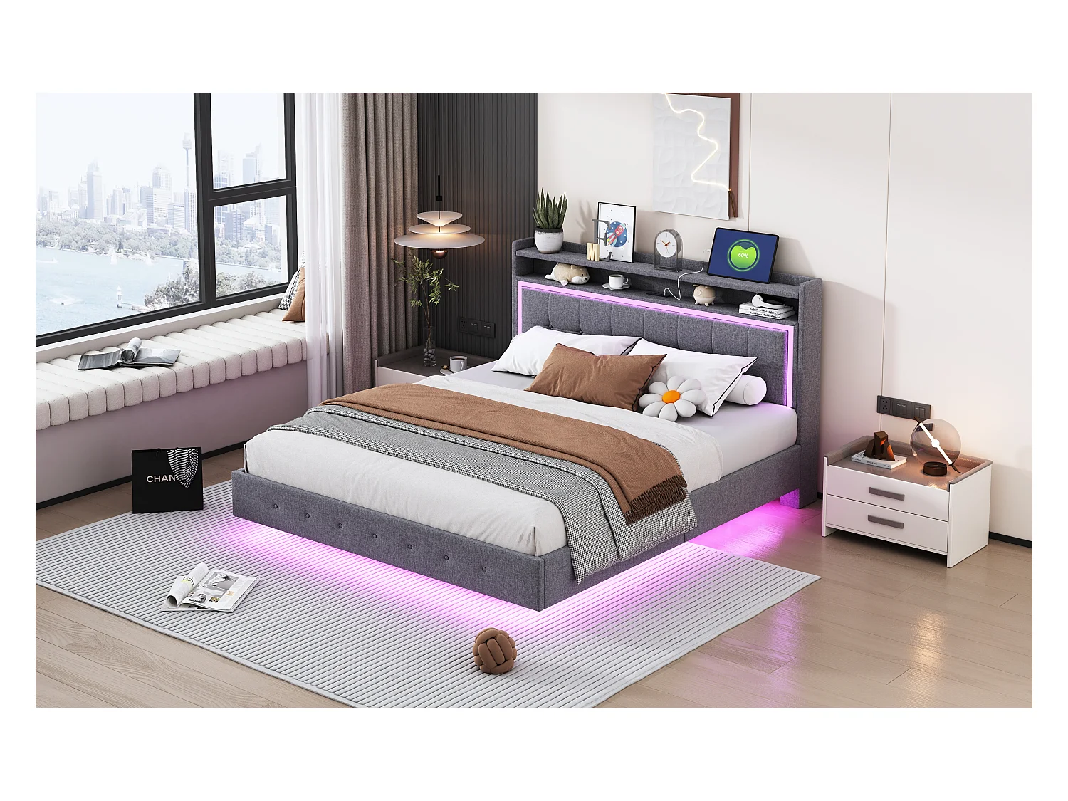 Lit capitonné 160 x 200 cm avec tête de lit rangement, prise USB et éclairage LED - tissu en lin - gris (sans matelas)