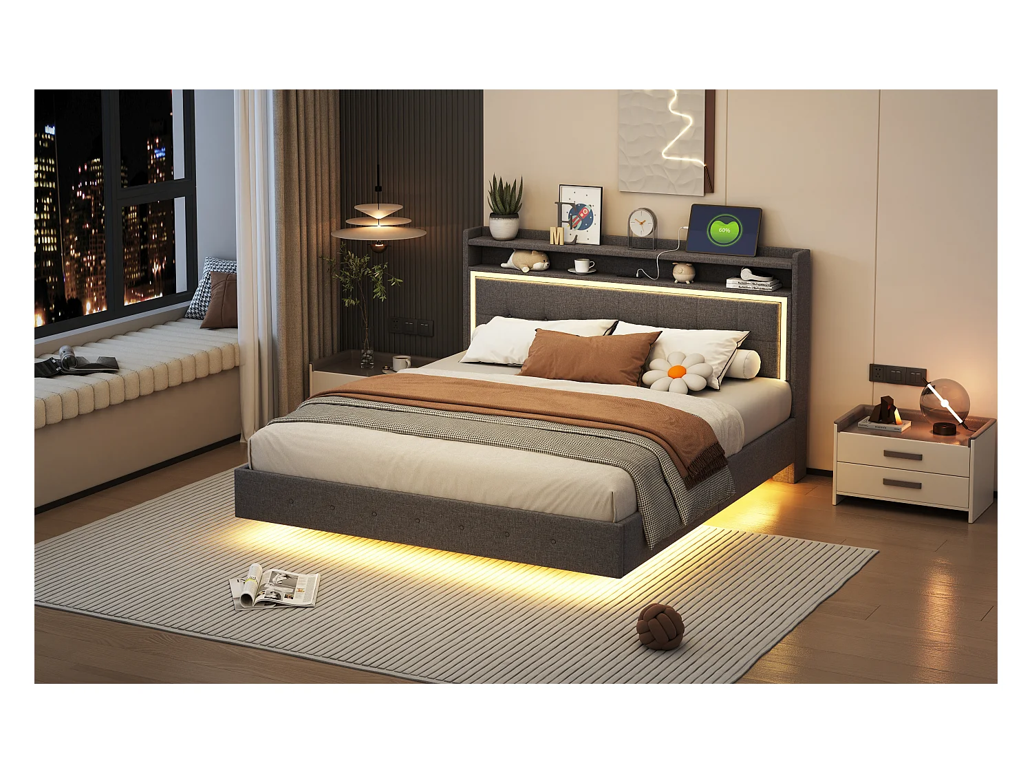 Lit capitonné 160 x 200 cm avec tête de lit rangement, prise USB et éclairage LED - tissu en lin - gris (sans matelas)