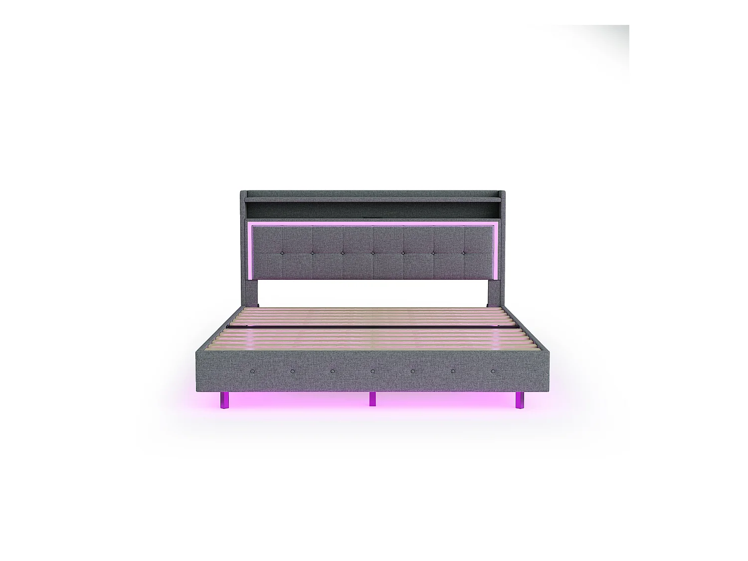 Lit capitonné 160 x 200 cm avec tête de lit rangement, prise USB et éclairage LED - tissu en lin - gris (sans matelas)