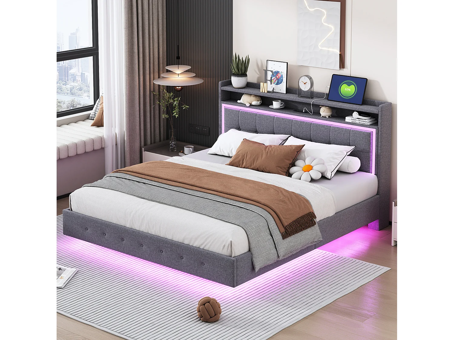 Lit capitonné 160 x 200 cm avec tête de lit rangement, prise USB et éclairage LED - tissu en lin - gris (sans matelas)
