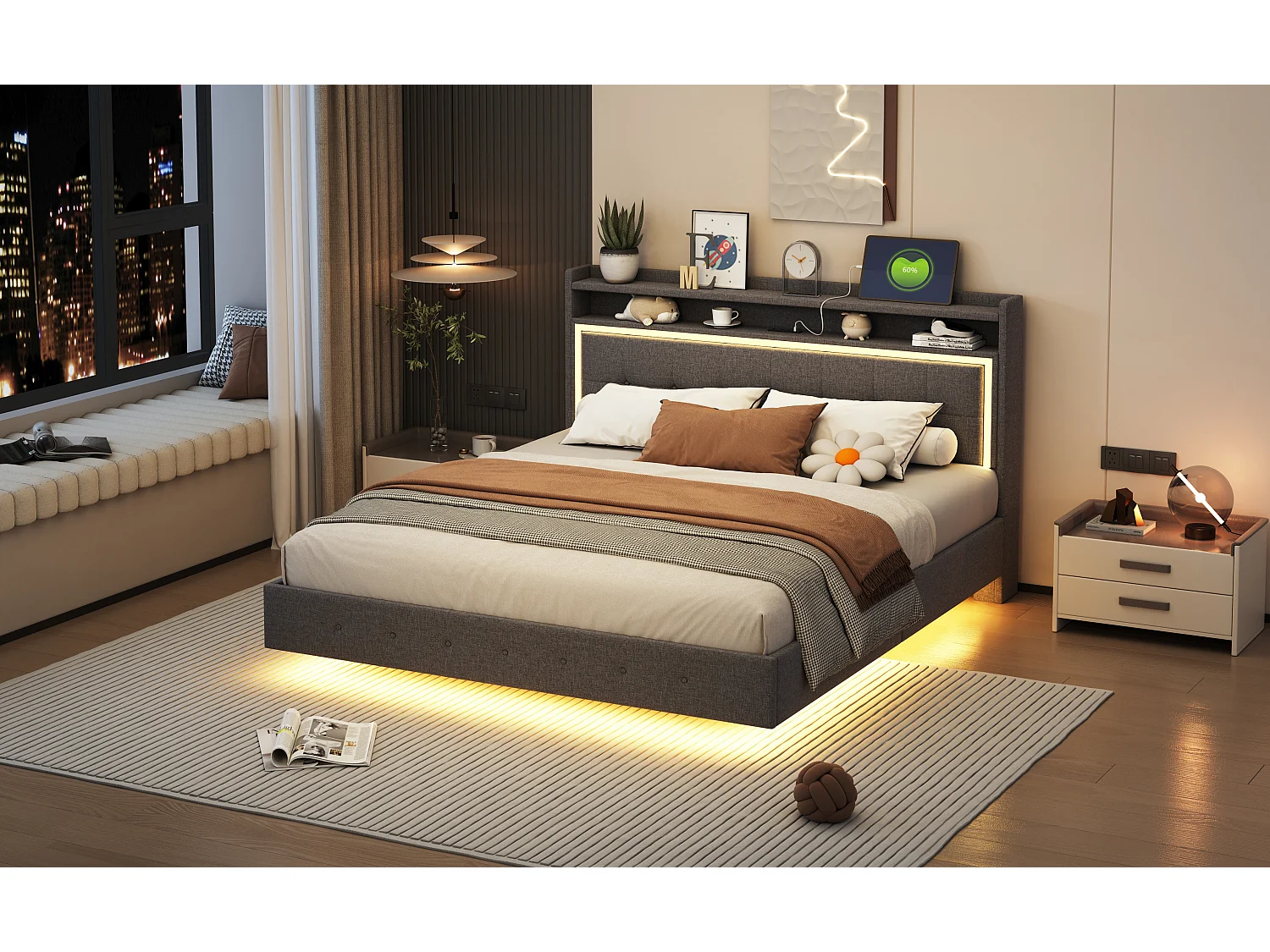 Lit capitonné 160 x 200 cm avec tête de lit rangement, prise USB et éclairage LED - tissu en lin - gris (sans matelas)