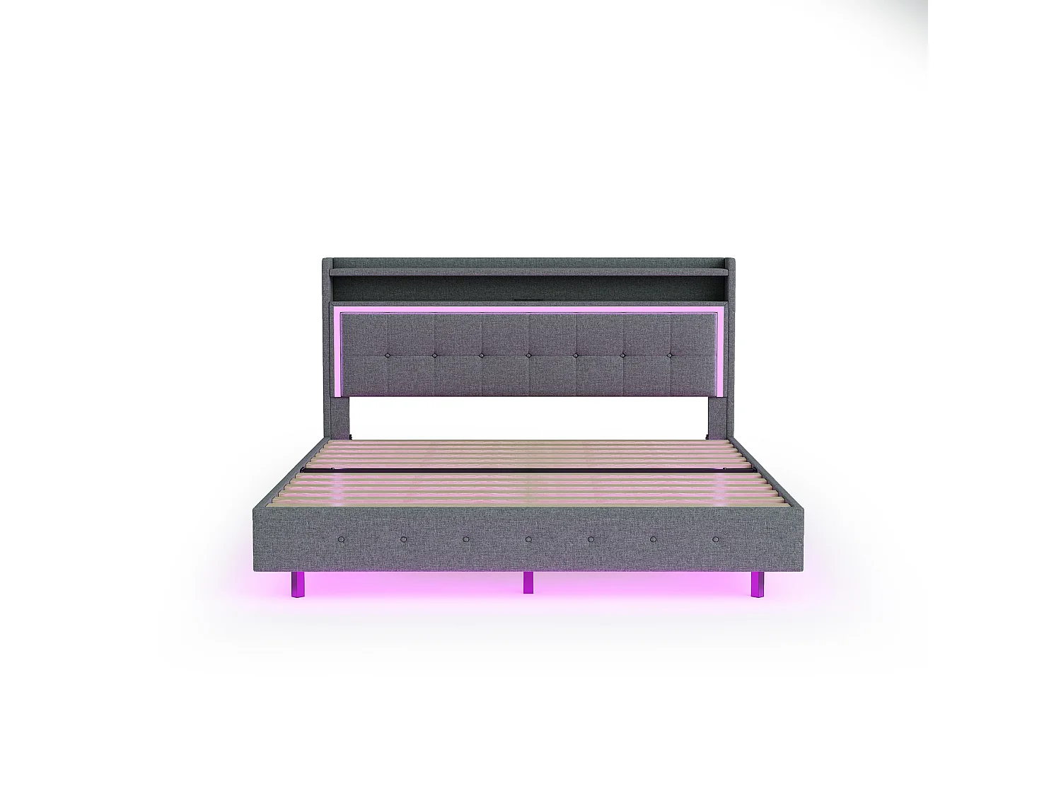 Lit capitonné 160 x 200 cm avec tête de lit rangement, prise USB et éclairage LED - tissu en lin - gris (sans matelas)