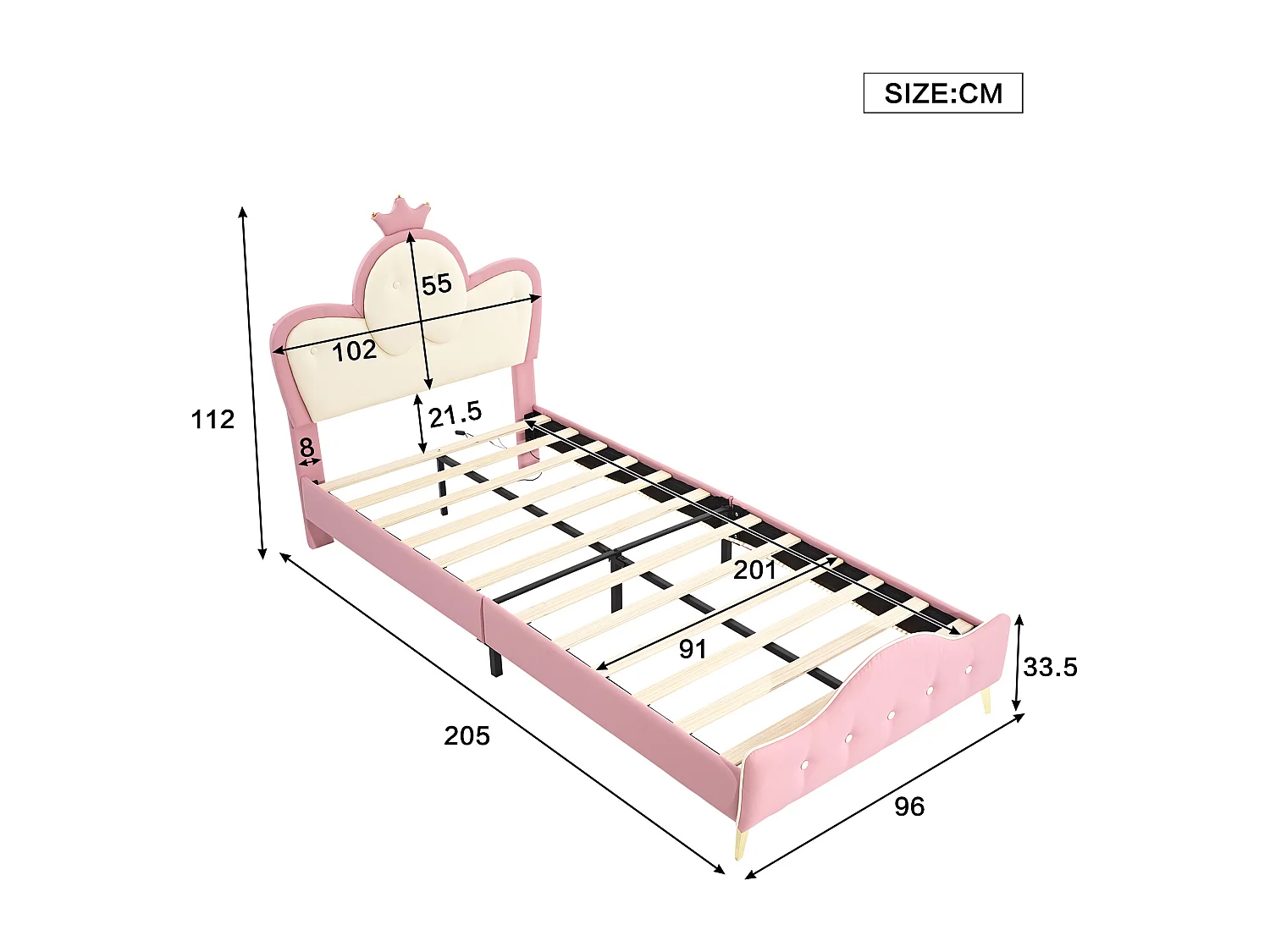 Letto imbottito 90 x 200 cm con testiera - Design Crown - LED - Pelle PU e gambe in metallo - Rosa + bianco (senza materasso)