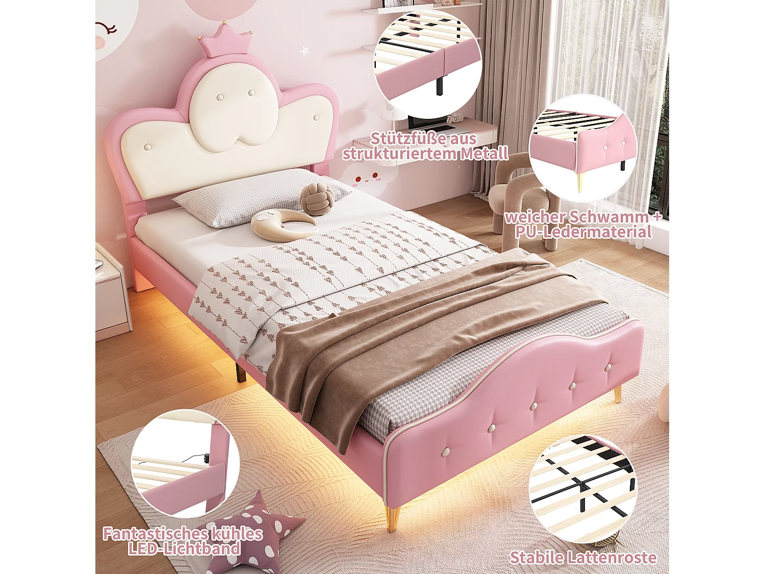 Letto imbottito 90 x 200 cm con testiera - Design Crown - LED - Pelle PU e gambe in metallo - Rosa + bianco (senza materasso)
