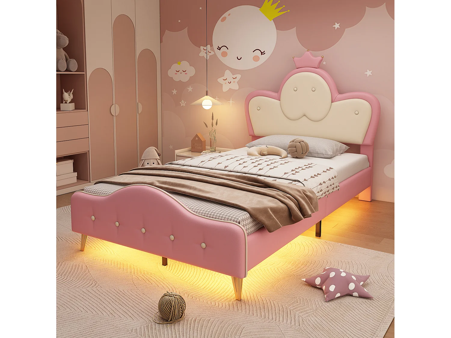 Lit capitonné 90 x 200 cm avec tête de lit - Désign couronne - LEDs - Cuir PU et pièds en métal - Rose + blanc (sans matelas)