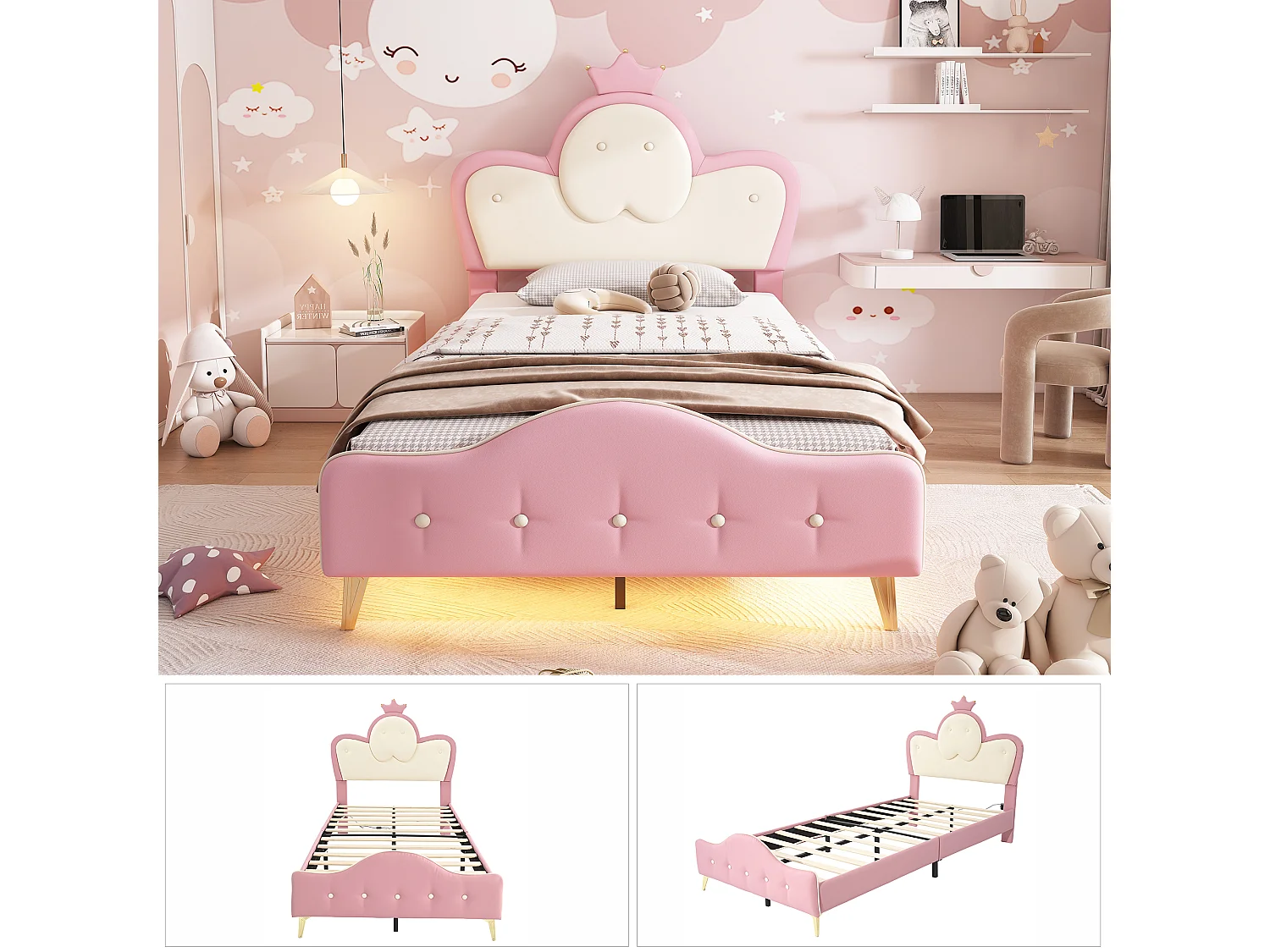 Lit capitonné 90 x 200 cm avec tête de lit - Désign couronne - LEDs - Cuir PU et pièds en métal - Rose + blanc (sans matelas)
