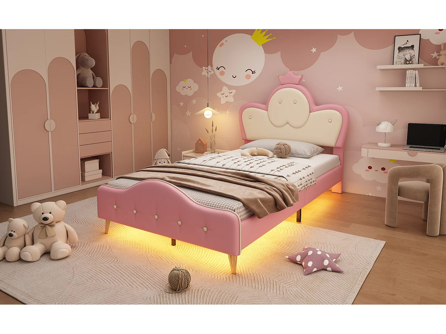 Lit capitonné 90 x 200 cm avec tête de lit - Désign couronne - LEDs - Cuir PU et pièds en métal - Rose + blanc (sans matelas)