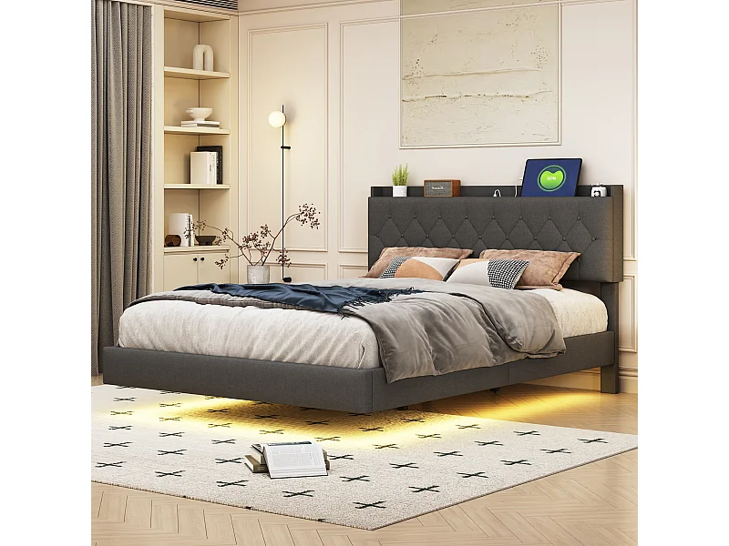 Lit capitonné 140 x 200 cm avec tête de lit - prise USB et LEDs - Tissu en lin - Gris (sans matelas)
