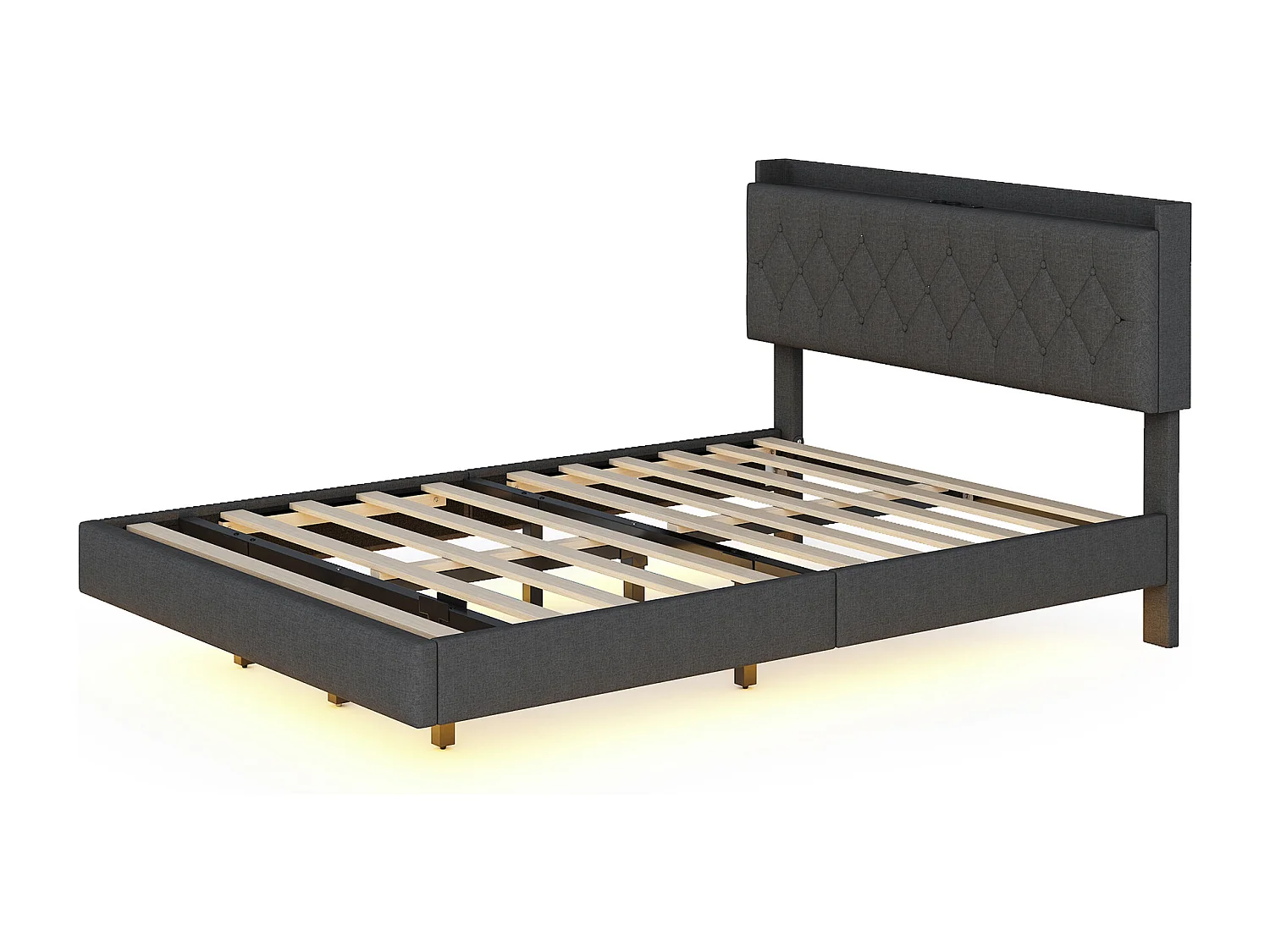 Lit capitonné 140 x 200 cm avec tête de lit - prise USB et LEDs - Tissu en lin - Gris (sans matelas)