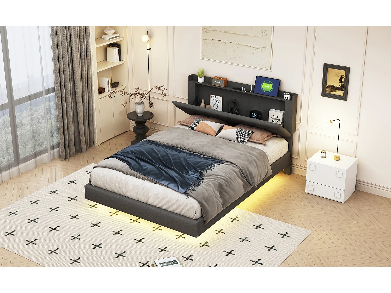 Lit capitonné 140 x 200 cm avec tête de lit - prise USB et LEDs - Tissu en lin - Gris (sans matelas)