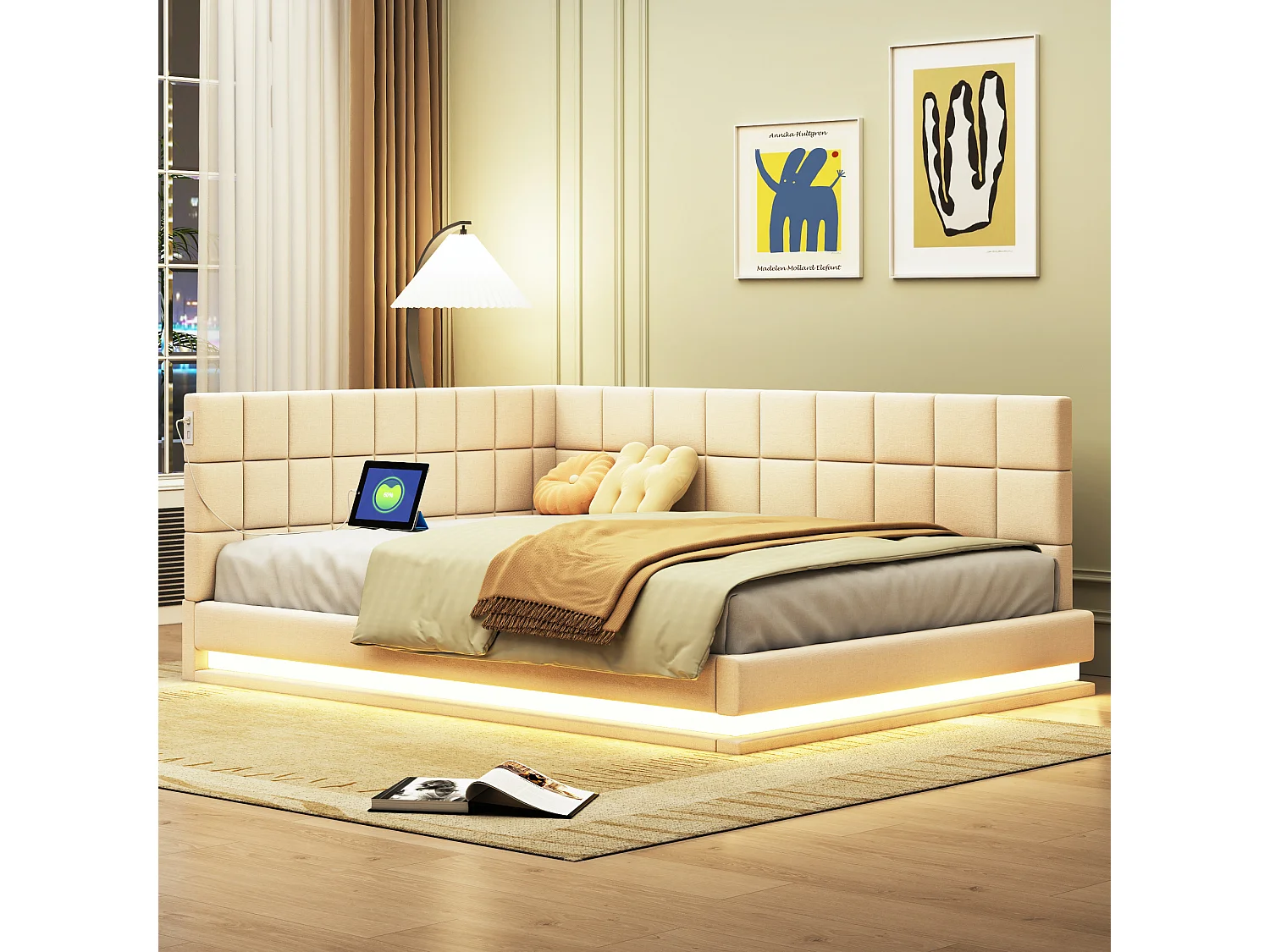 Polsterbett 140 x 200 cm, Schlafsofa mit weichem Kopfteil – LED-Lichtleiste, USB-Buchse – Samtstoff – Beige (ohne Matratze)