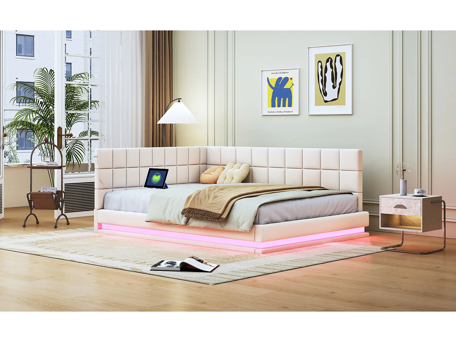 Polsterbett 140 x 200 cm, Schlafsofa mit weichem Kopfteil – LED-Lichtleiste, USB-Buchse – Samtstoff – Beige (ohne Matratze)