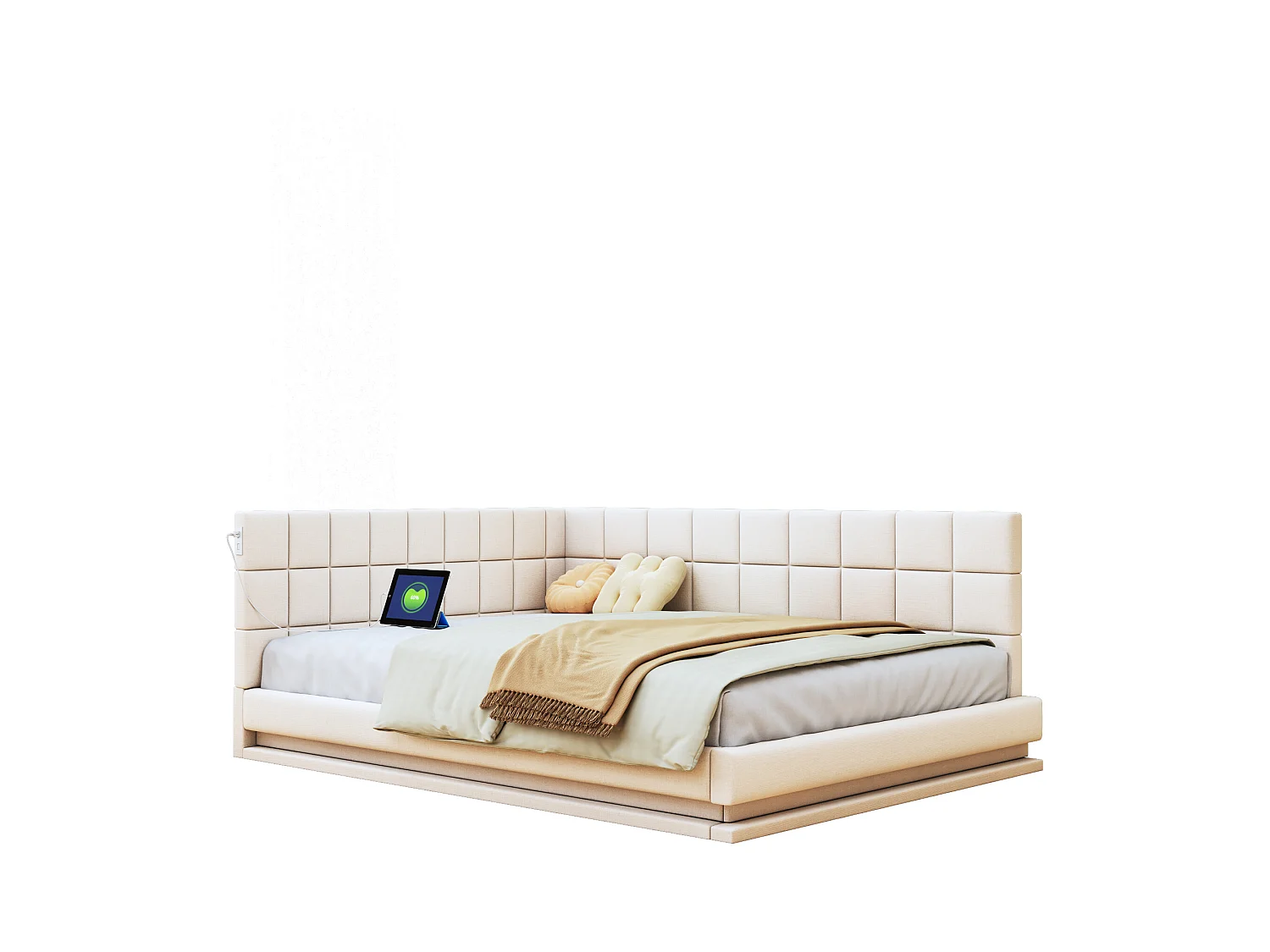 Lit capitonné 140 x 200 cm, canapé-lit avec tête de lit moelleux - bande lumineuse LED, prise USB - tissu en velours - beige (sans matelas)