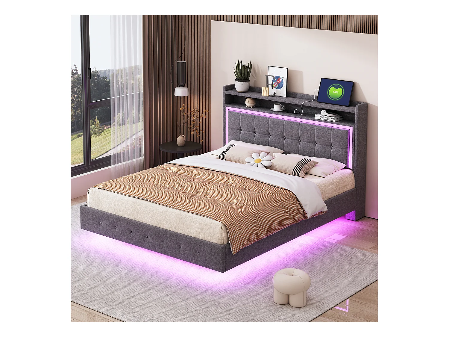 Polsterbett 140 x 200 cm mit Stauraum-Kopfteil, USB-Anschluss und LED-Beleuchtung – Leinenstoff – Grau (ohne Matratze)
