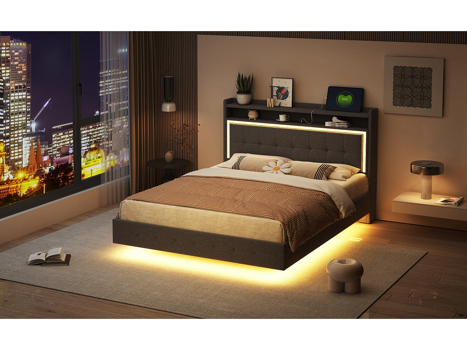 Lit capitonné 140 x 200 cm avec tête de lit rangement, prise USB et éclairage LED - tissu en lin - gris (sans matelas)