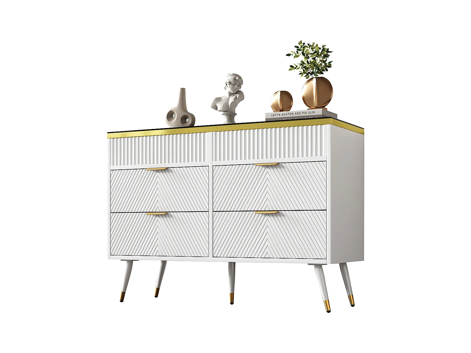 Commode avec 6 tiroirs - 120 x 40 x 76 cm - verre ambré et panneau de particules - blanc