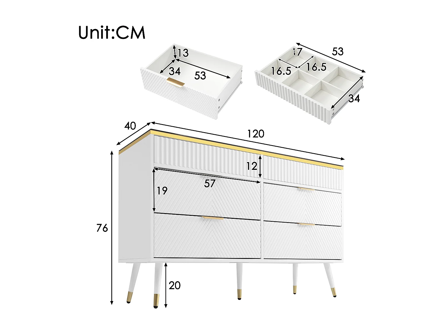 Kommode mit 6 Schubladen – 120 x 40 x 76 cm – Braunglas und Spanplatte – Weiß