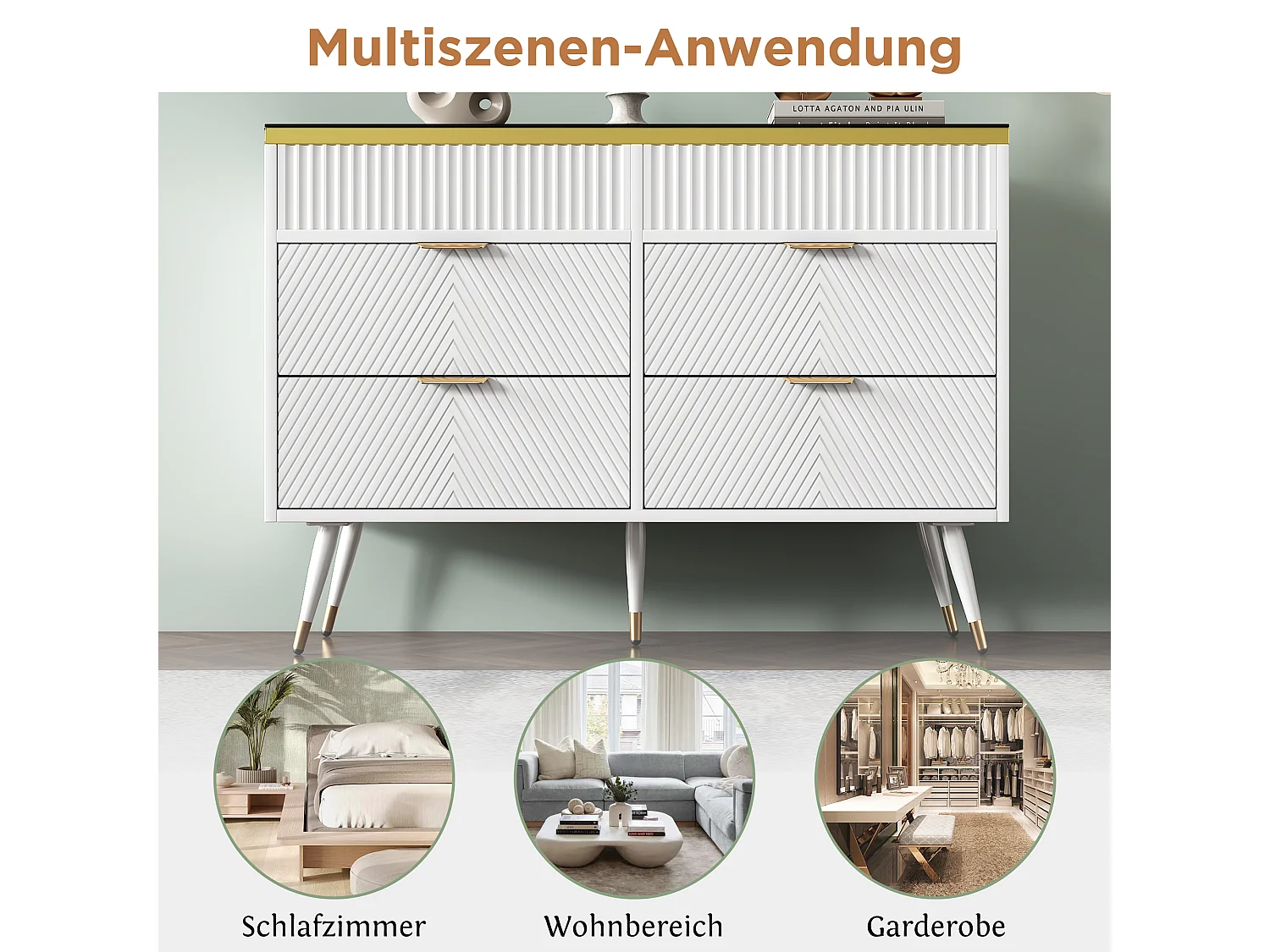 Kommode mit 6 Schubladen – 120 x 40 x 76 cm – Braunglas und Spanplatte – Weiß