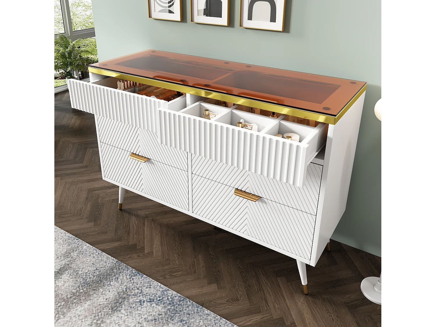 Kommode mit 6 Schubladen – 120 x 40 x 76 cm – Braunglas und Spanplatte – Weiß