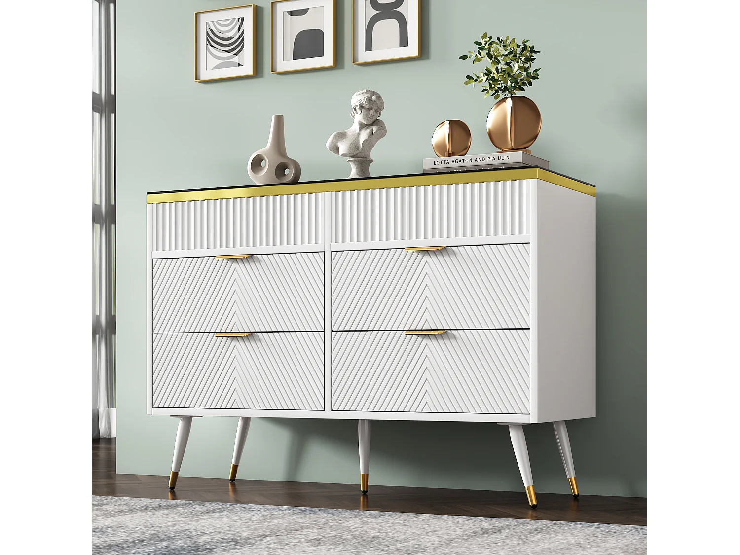 Kommode mit 6 Schubladen – 120 x 40 x 76 cm – Braunglas und Spanplatte – Weiß