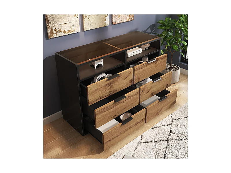 Kommode mit 6 Schubladen und 2 Fächern, Sideboard, kippsicher, 120 x 40 x 80 cm, Braunglas und Spanplatte, Eiche