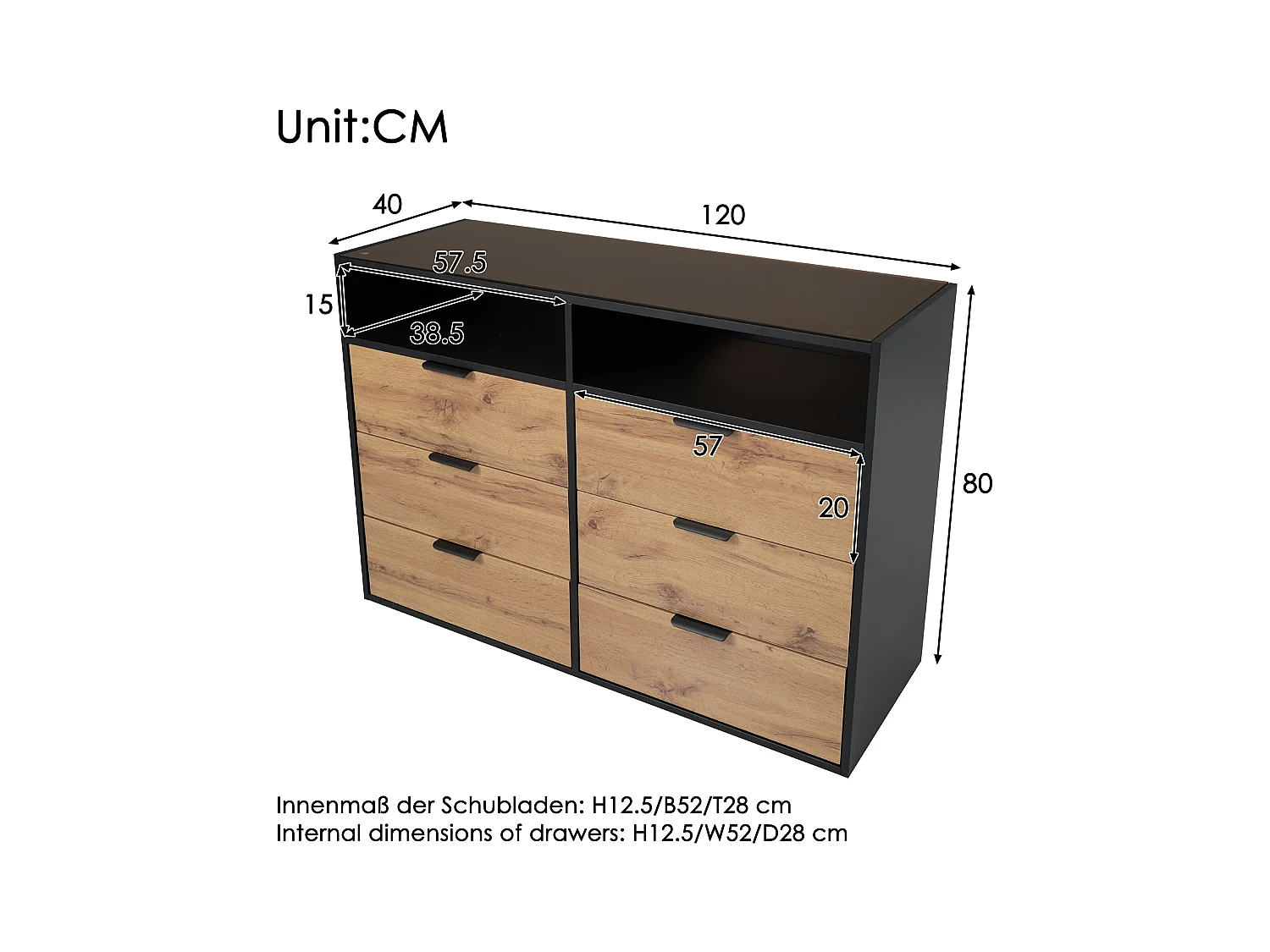 Cassettiera con 6 cassetti e 2 scomparti, credenza, antiribaltamento, 120 x 40 x 80 cm, vetro ambrato e pannelli truciolari, rovere