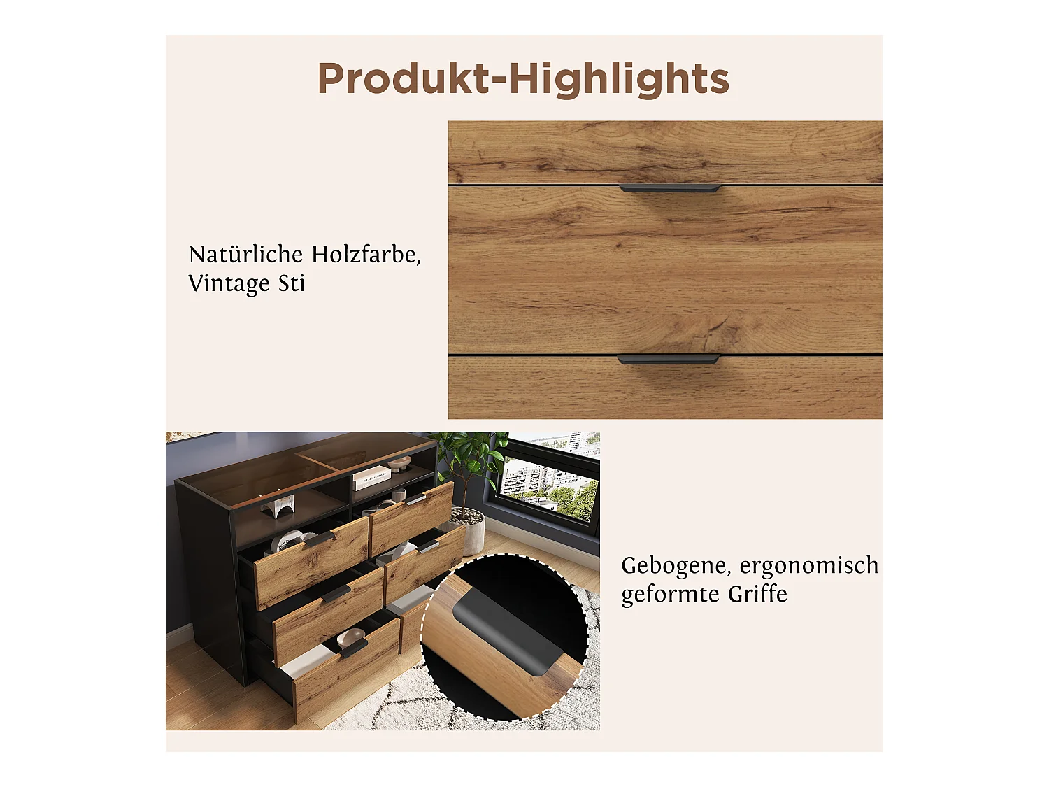 Cassettiera con 6 cassetti e 2 scomparti, credenza, antiribaltamento, 120 x 40 x 80 cm, vetro ambrato e pannelli truciolari, rovere