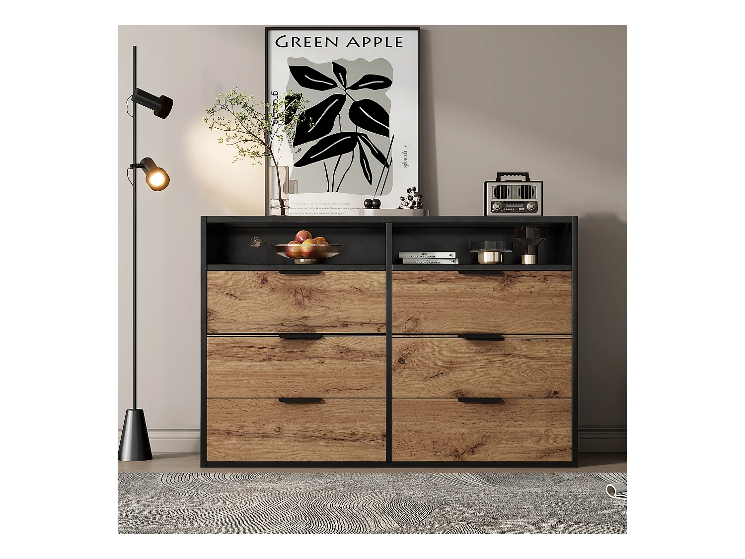 Cassettiera con 6 cassetti e 2 scomparti, credenza, antiribaltamento, 120 x 40 x 80 cm, vetro ambrato e pannelli truciolari, rovere