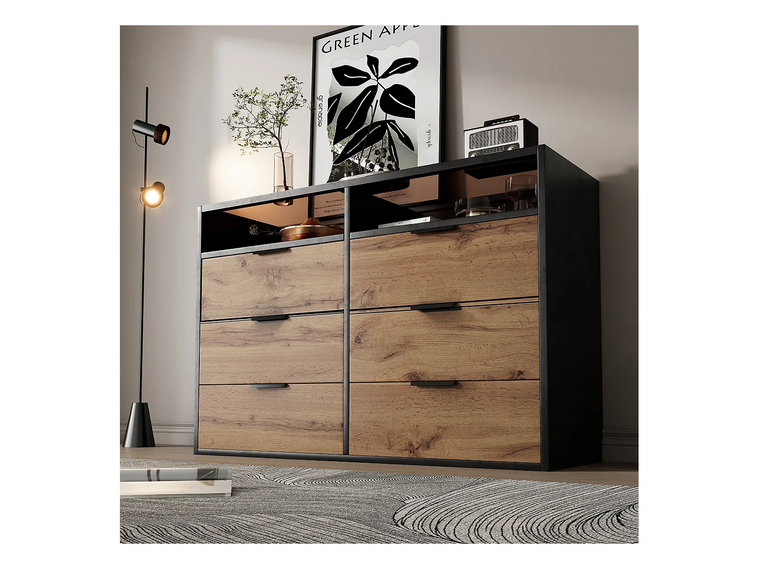 Cassettiera con 6 cassetti e 2 scomparti, credenza, antiribaltamento, 120 x 40 x 80 cm, vetro ambrato e pannelli truciolari, rovere