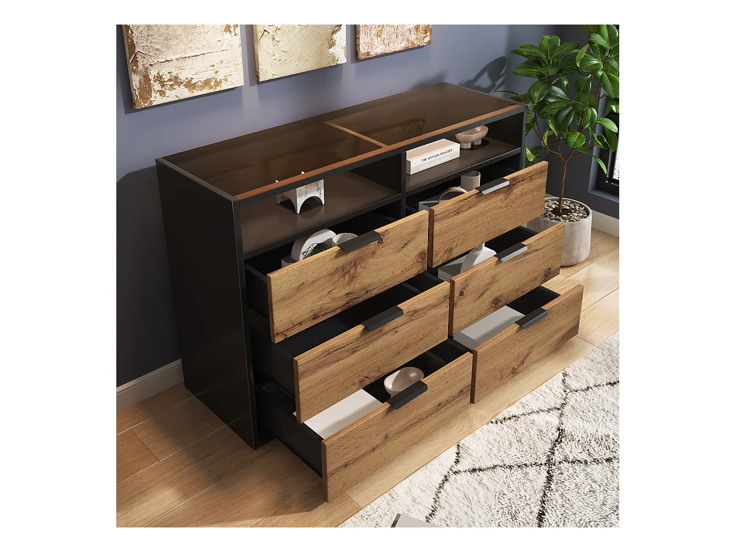 Commode avec 6 tiroirs et 2 compartiments, buffet, anti-basculement, 120 x 40 x 80 cm, verre ambré et panneau de particules, chêne