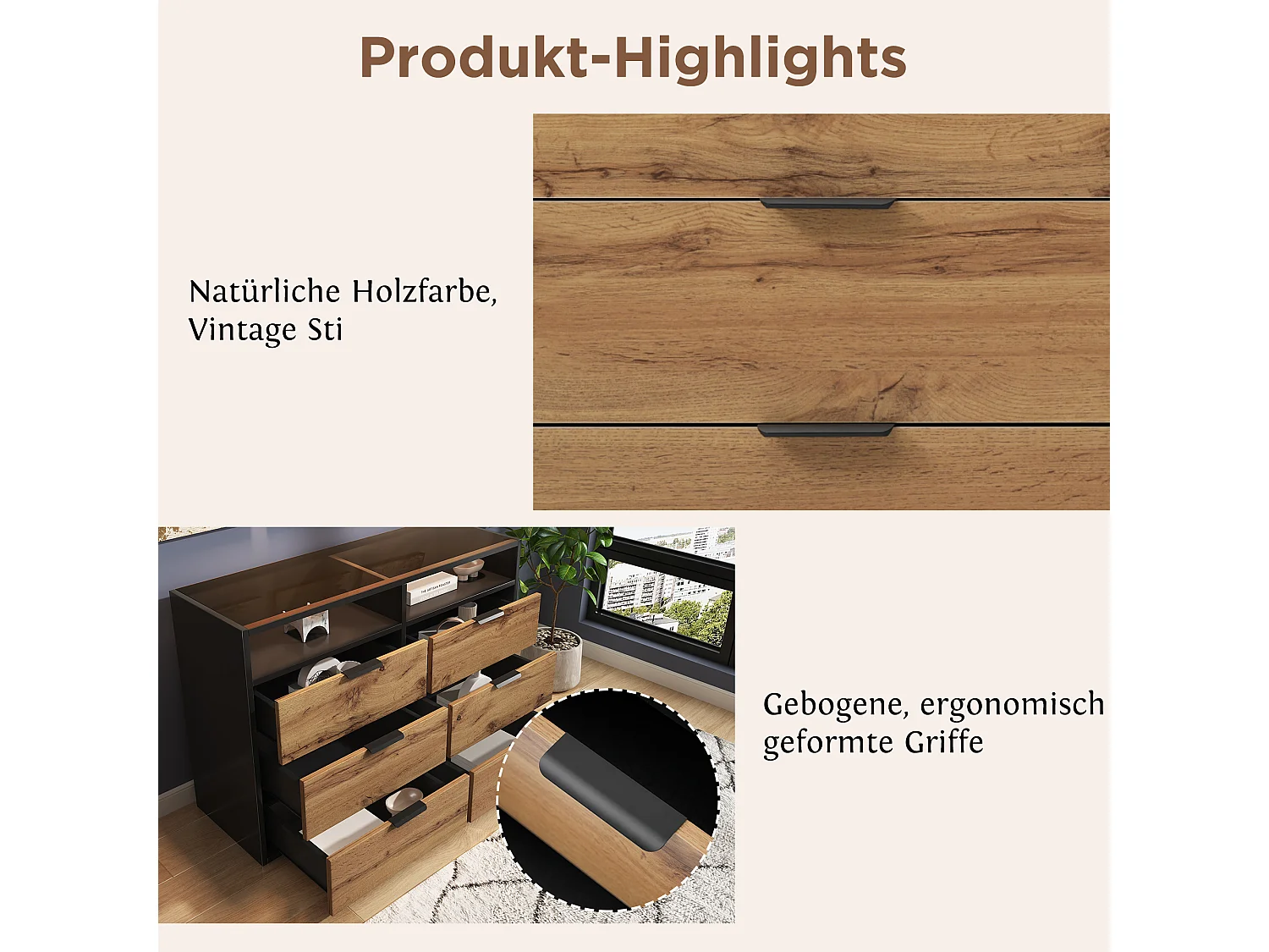 Cassettiera con 6 cassetti e 2 scomparti, credenza, antiribaltamento, 120 x 40 x 80 cm, vetro ambrato e pannelli truciolari, rovere