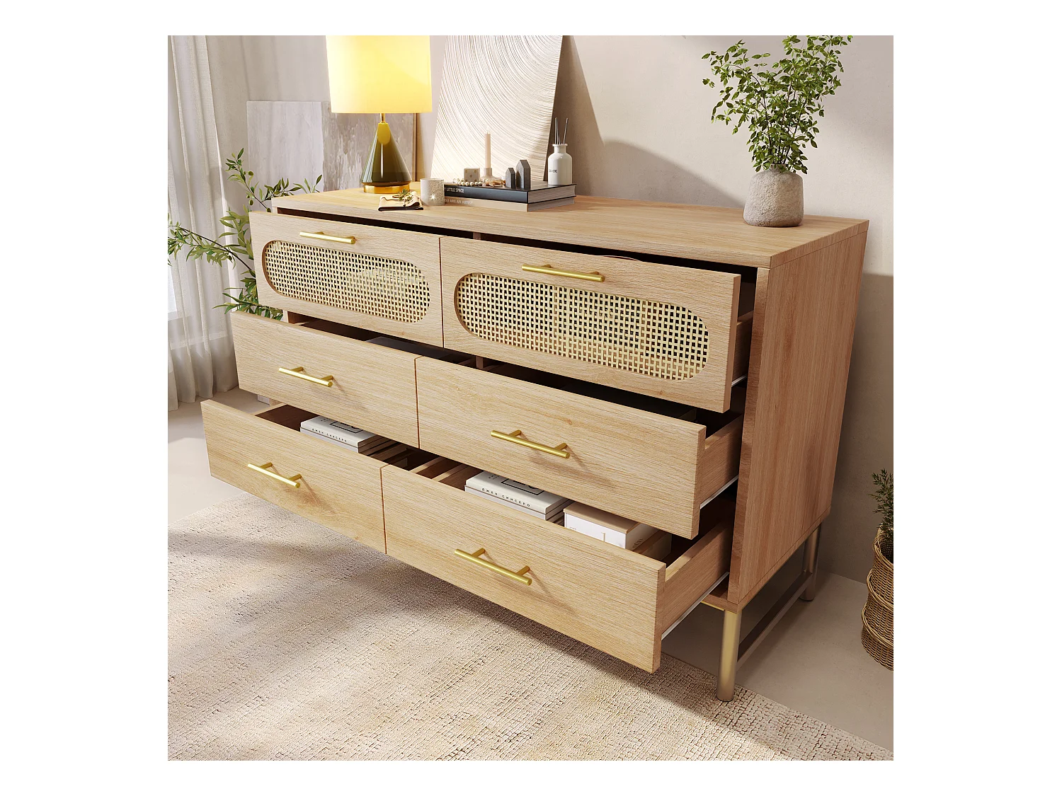 Commode en rotin avec 6 tiroirs, pour salon et chambre, poignées en métal, anti-basculement, 120 x 40 x 74 cm, chêne Sonoma