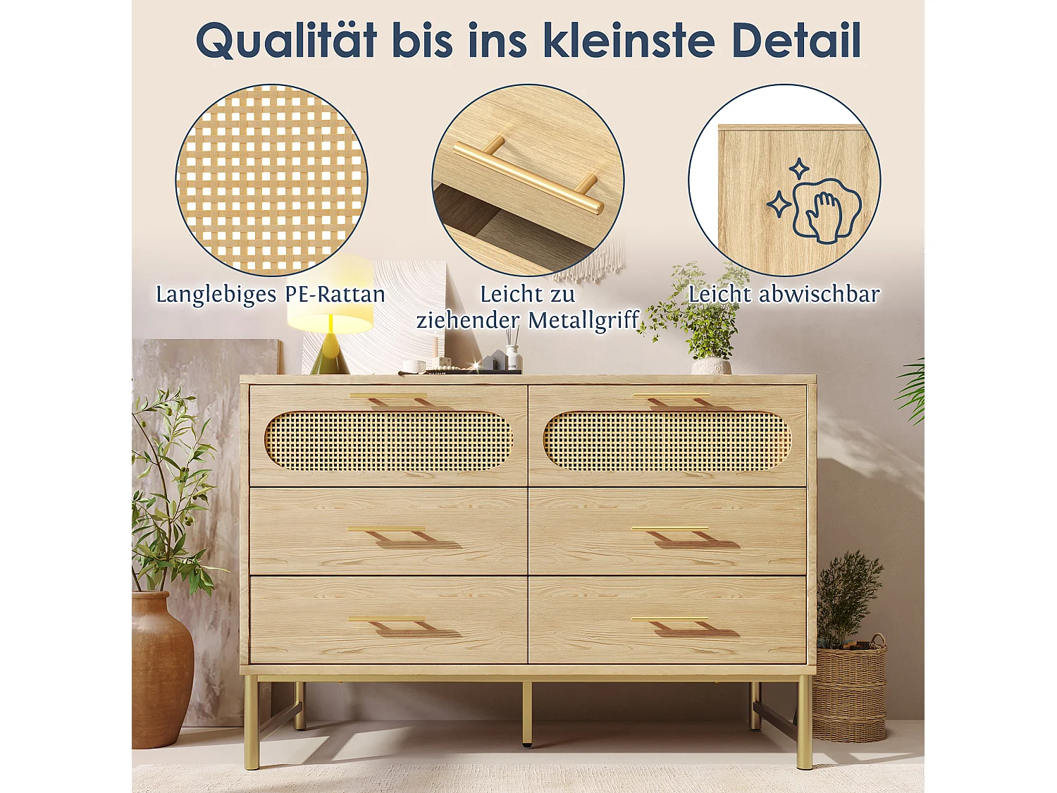 Commode en rotin avec 6 tiroirs, pour salon et chambre, poignées en métal, anti-basculement, 120 x 40 x 74 cm, chêne Sonoma