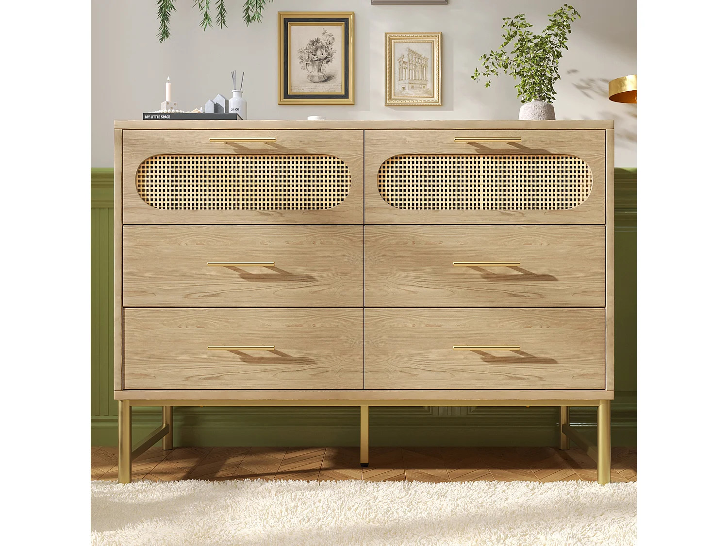 Commode en rotin avec 6 tiroirs, pour salon et chambre, poignées en métal, anti-basculement, 120 x 40 x 74 cm, chêne Sonoma