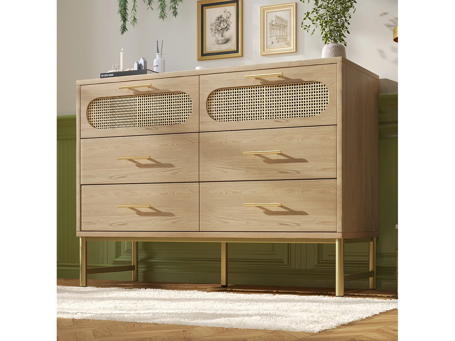 Commode en rotin avec 6 tiroirs, pour salon et chambre, poignées en métal, anti-basculement, 120 x 40 x 74 cm, chêne Sonoma