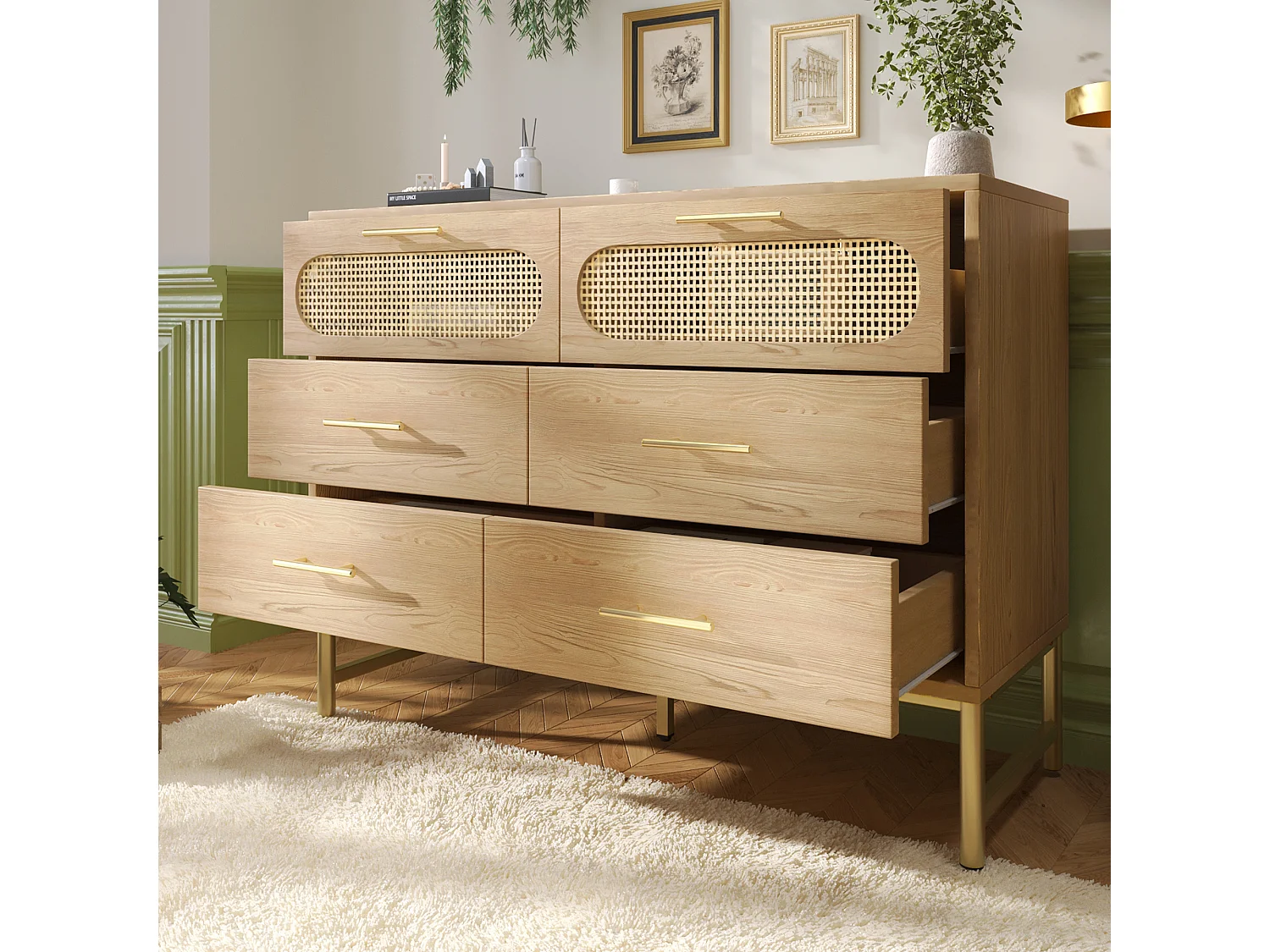 Commode en rotin avec 6 tiroirs, pour salon et chambre, poignées en métal, anti-basculement, 120 x 40 x 74 cm, chêne Sonoma