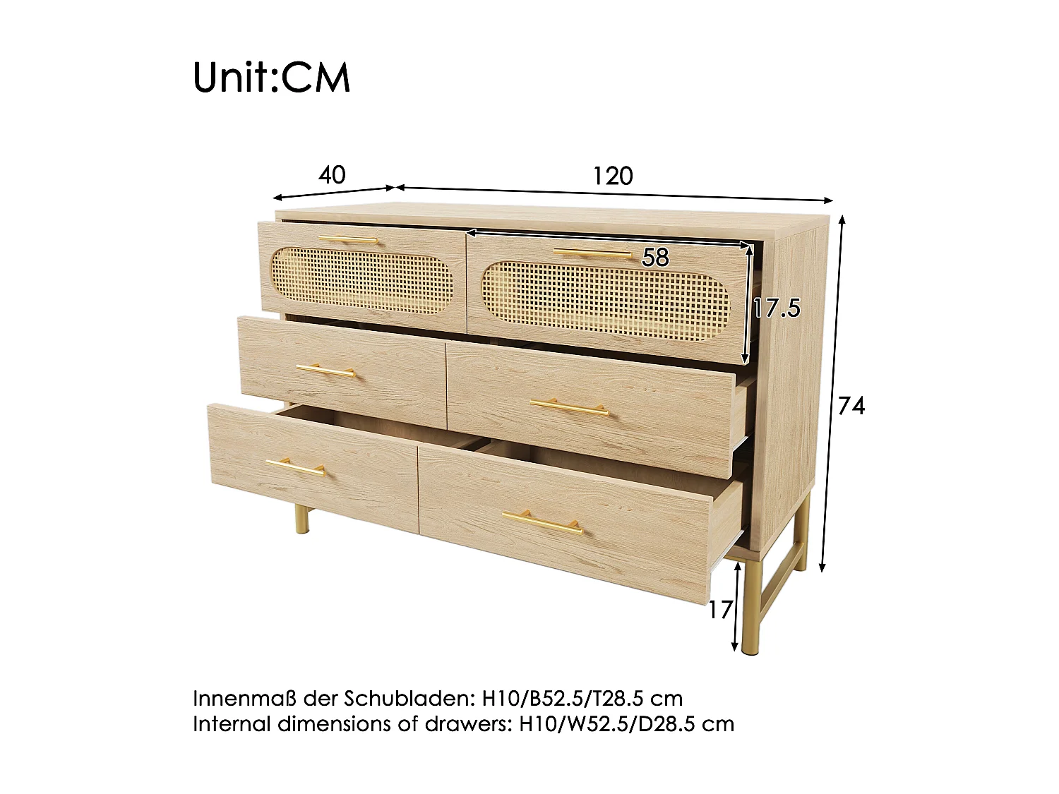 Cómoda de ratán con 6 cajones, para salón y dormitorio, tiradores de metal, antivuelco, 120 x 40 x 74 cm, roble Sonoma