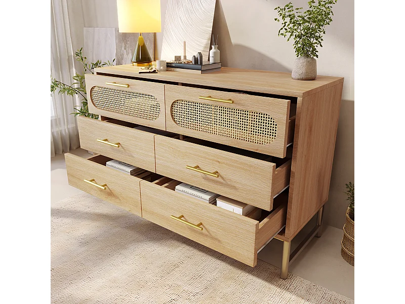 Commode en rotin avec 6 tiroirs, pour salon et chambre, poignées en métal, anti-basculement, 120 x 40 x 74 cm, chêne Sonoma