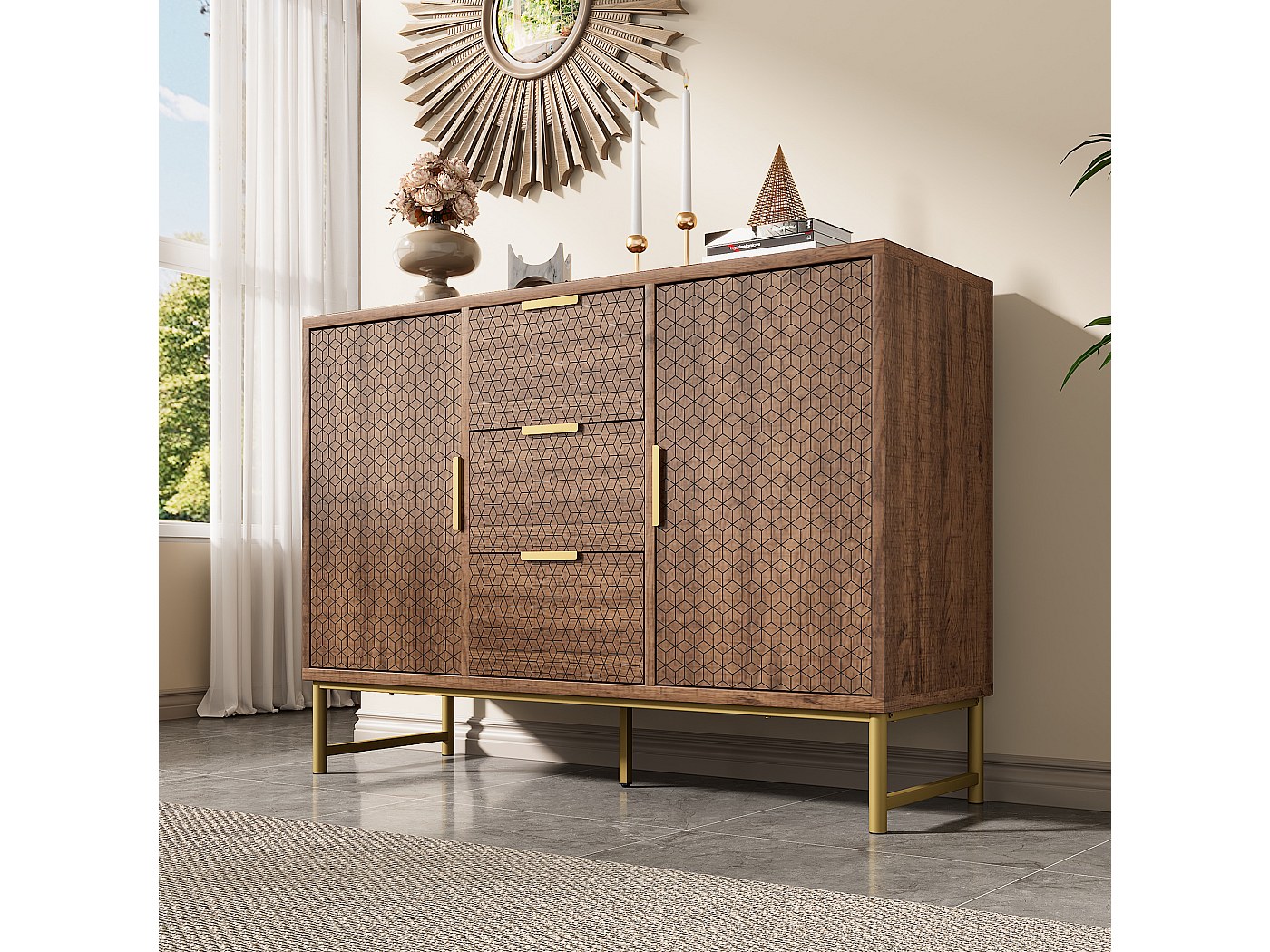 Credenza In Rattan Azkoeesy - 3 Cassetti E 3 Ante Scorrevoli, Design Moderno Con Gambe In Legno - Foto 10