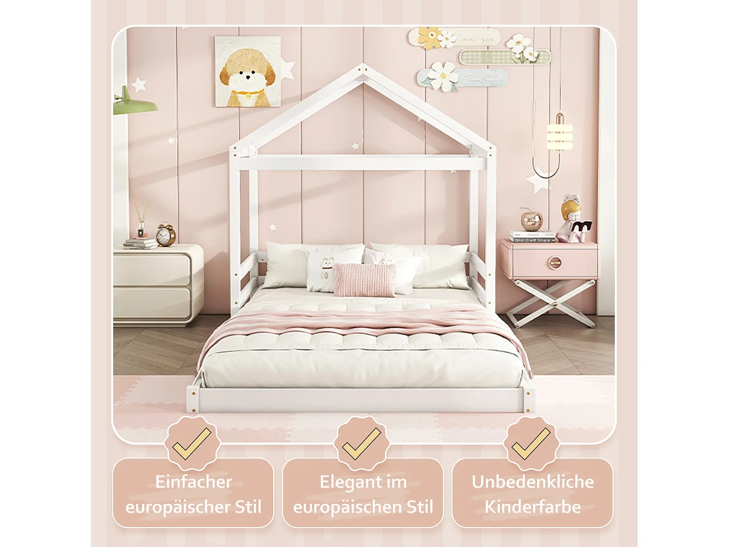 Hochbett 140 x 200 cm mit Kopfteil – Kiefer + MDF – Lattenrost – für Kinder – weiß (ohne Matratze)