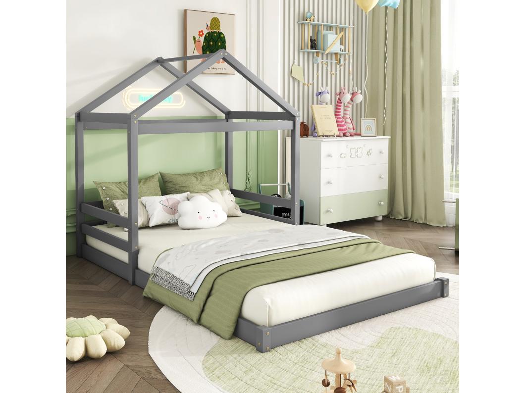 Cama cabine 140 x 200 cm com cabeceira - pinho + MDF - base de ripas - para crianças - cinza (sem colchão)