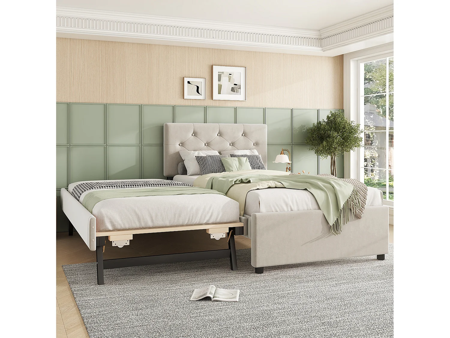 Lit gigogne 90 x 200 cm + 90 x 190 cm avec tête de lit - velours - beige (sans matelas)