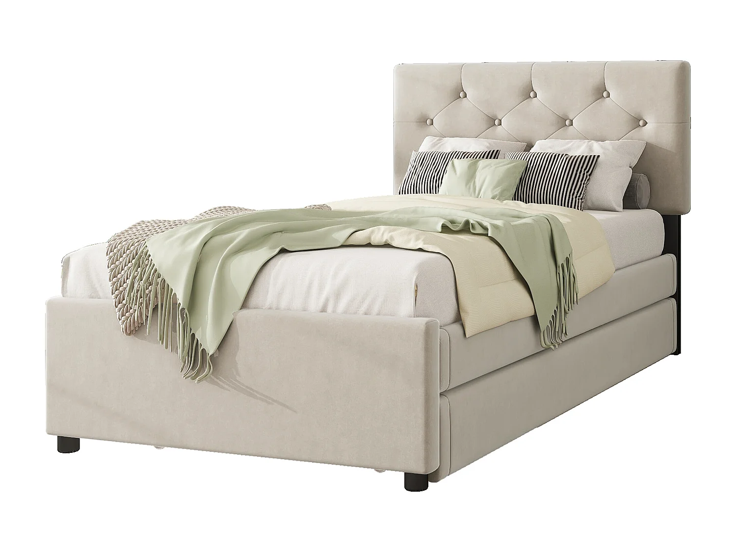 Cama nido 90 x 200 cm + 90 x 190 cm con cabecero - terciopelo - beige (sin colchón)